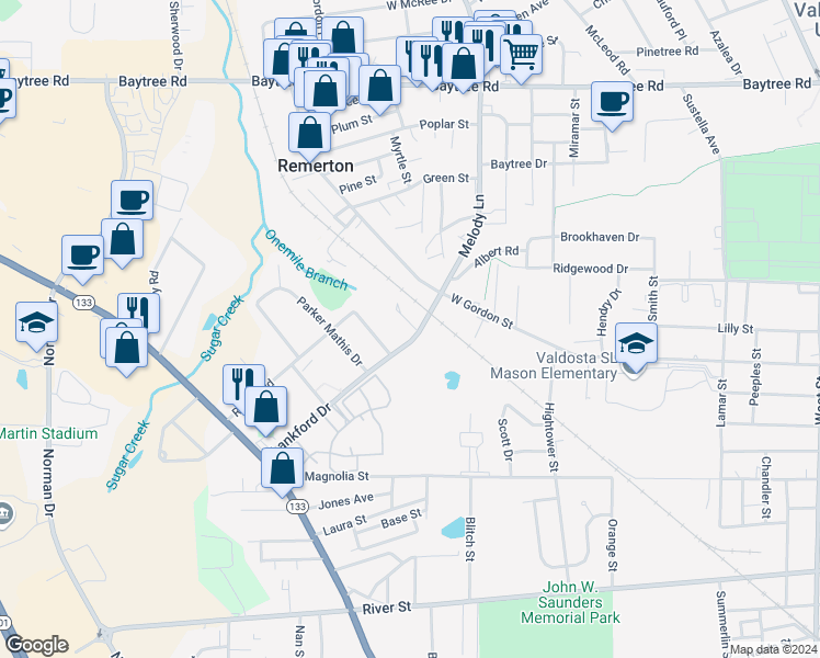 map of restaurants, bars, coffee shops, grocery stores, and more near 1306 Lankford Drive in Valdosta