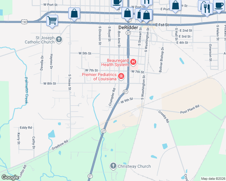 map of restaurants, bars, coffee shops, grocery stores, and more near 130-176 Crumpler Road in DeRidder