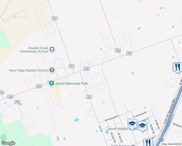 map of restaurants, bars, coffee shops, grocery stores, and more near 307 Circle Way in Jarrell