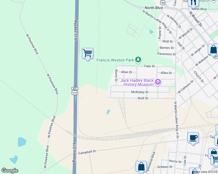 map of restaurants, bars, coffee shops, grocery stores, and more near 715 Alexander Street in Thomasville