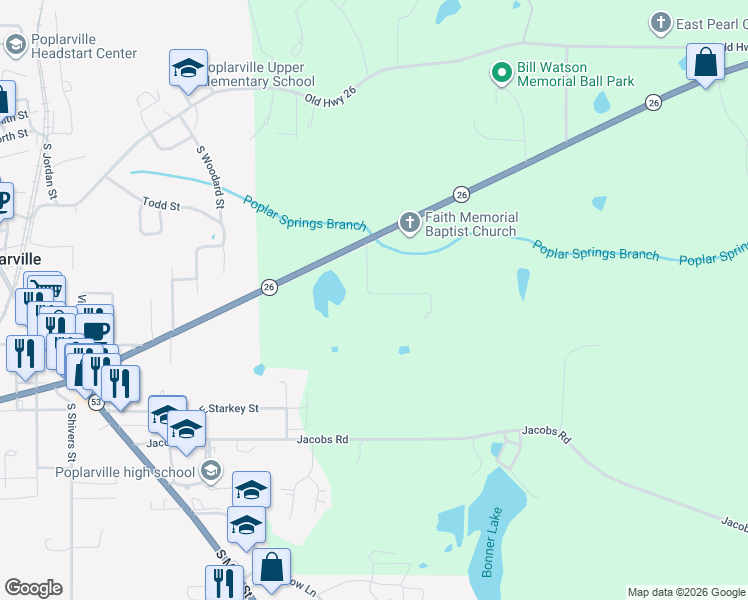 map of restaurants, bars, coffee shops, grocery stores, and more near 9 Saw Road in Poplarville