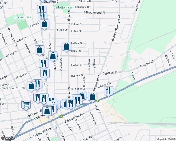 map of restaurants, bars, coffee shops, grocery stores, and more near 605 Broad Street in Valdosta