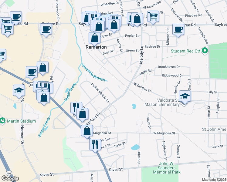 map of restaurants, bars, coffee shops, grocery stores, and more near 506 Roberts Street in Valdosta