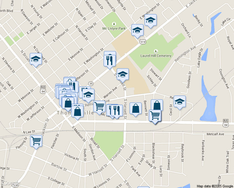 map of restaurants, bars, coffee shops, grocery stores, and more near 215 South Love Street in Thomasville