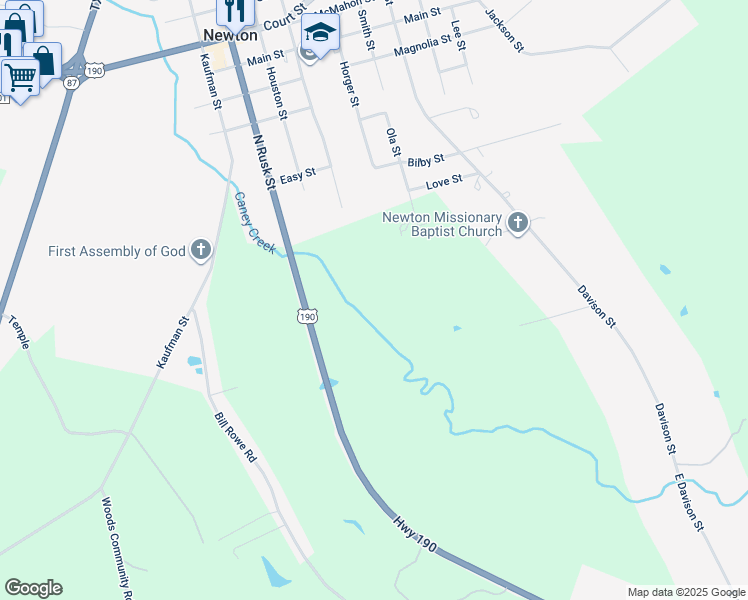 map of restaurants, bars, coffee shops, grocery stores, and more near 802 North Rusk Street in Newton