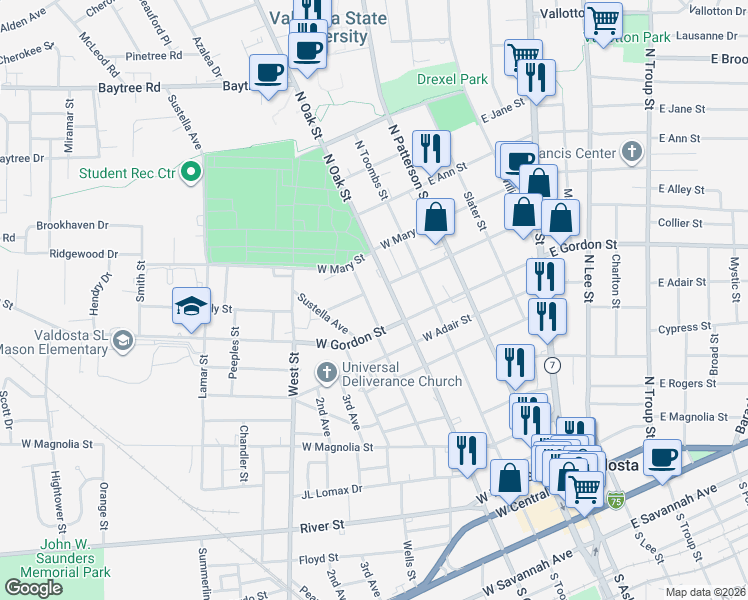 map of restaurants, bars, coffee shops, grocery stores, and more near 1010 Johnson Street in Valdosta