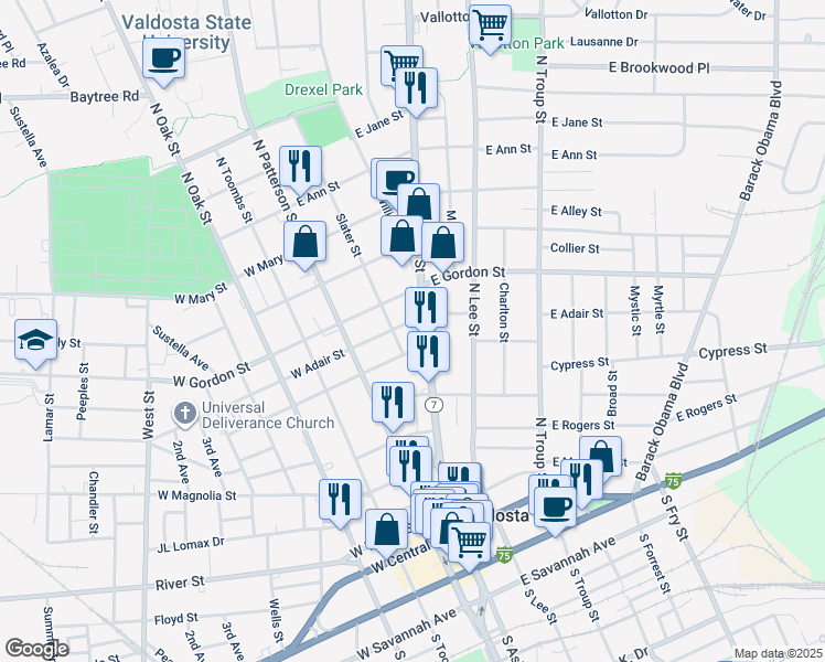 map of restaurants, bars, coffee shops, grocery stores, and more near 620 North Ashley Street in Valdosta