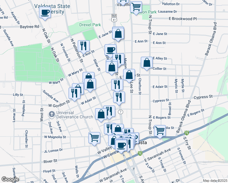 map of restaurants, bars, coffee shops, grocery stores, and more near 620 North Ashley Street in Valdosta