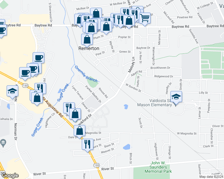 map of restaurants, bars, coffee shops, grocery stores, and more near 1306 Lankford Drive in Valdosta