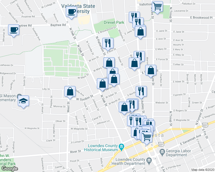 map of restaurants, bars, coffee shops, grocery stores, and more near 900 North Toombs Street in Valdosta