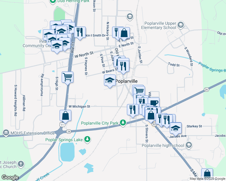 map of restaurants, bars, coffee shops, grocery stores, and more near 804 South Julia Street in Poplarville
