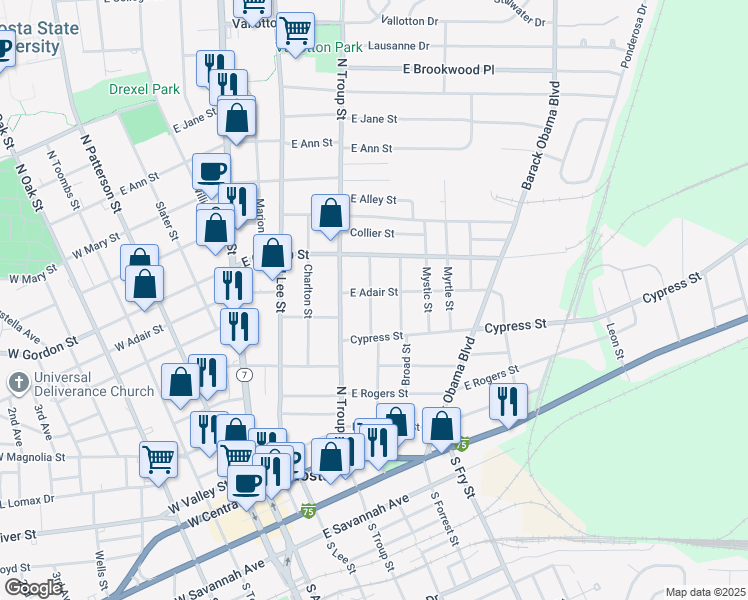 map of restaurants, bars, coffee shops, grocery stores, and more near 600 East Adair Street in Valdosta