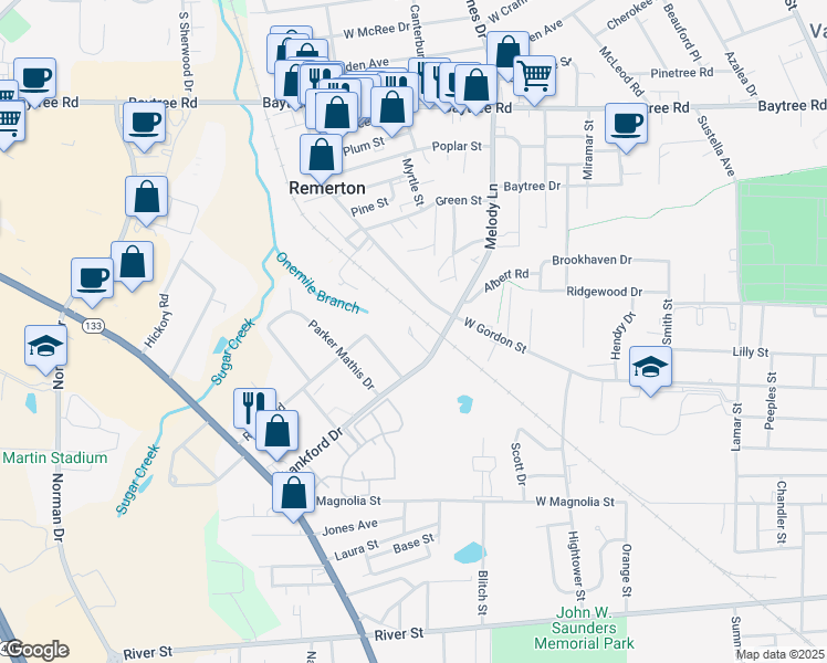 map of restaurants, bars, coffee shops, grocery stores, and more near 102 Lankford-108 Circle in Valdosta