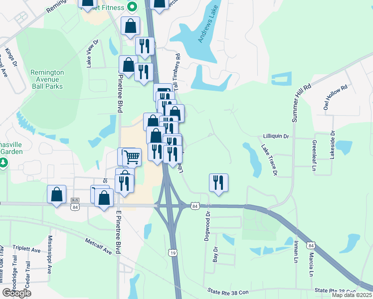 map of restaurants, bars, coffee shops, grocery stores, and more near 1 Grand Park Lane in Thomasville
