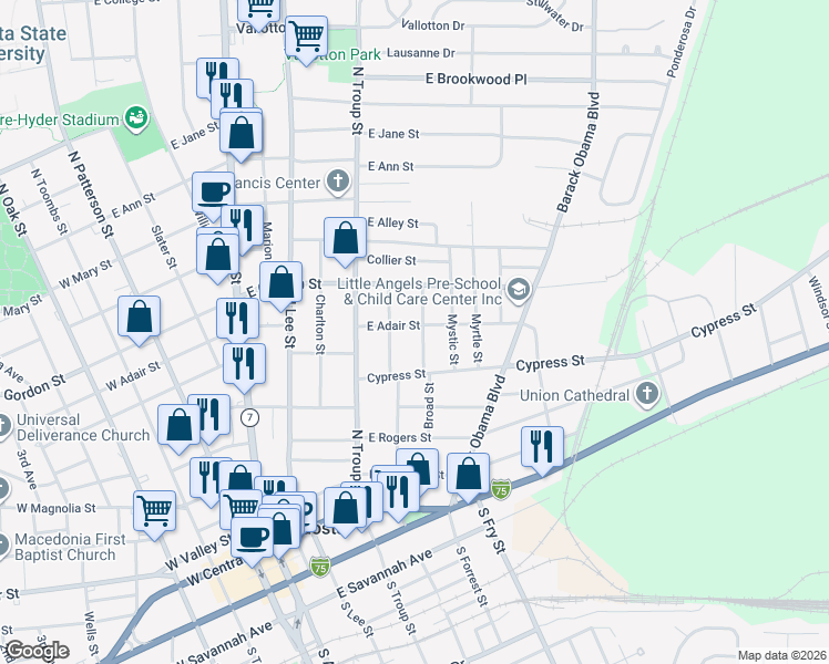 map of restaurants, bars, coffee shops, grocery stores, and more near 702 East Adair Street in Valdosta