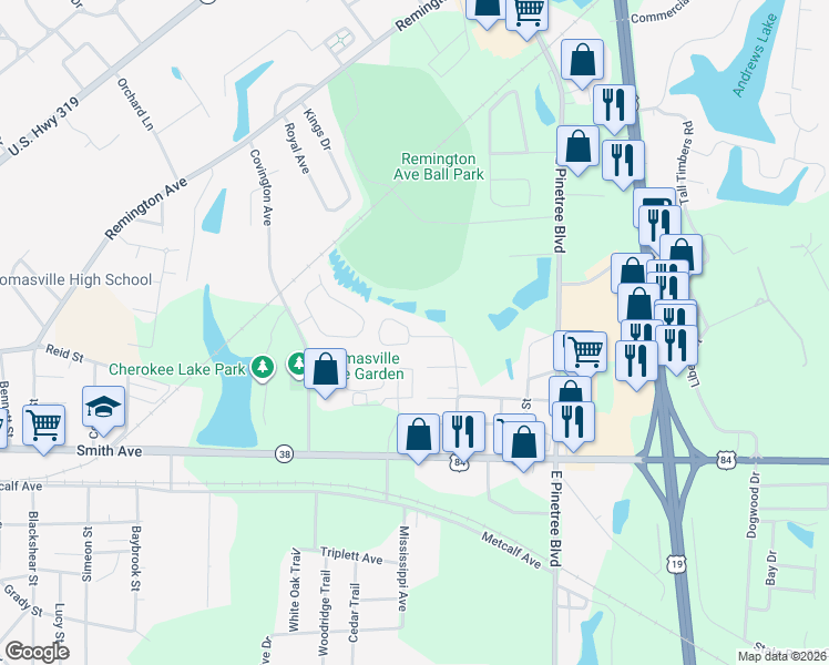 map of restaurants, bars, coffee shops, grocery stores, and more near 102 Rachel Lane in Thomasville