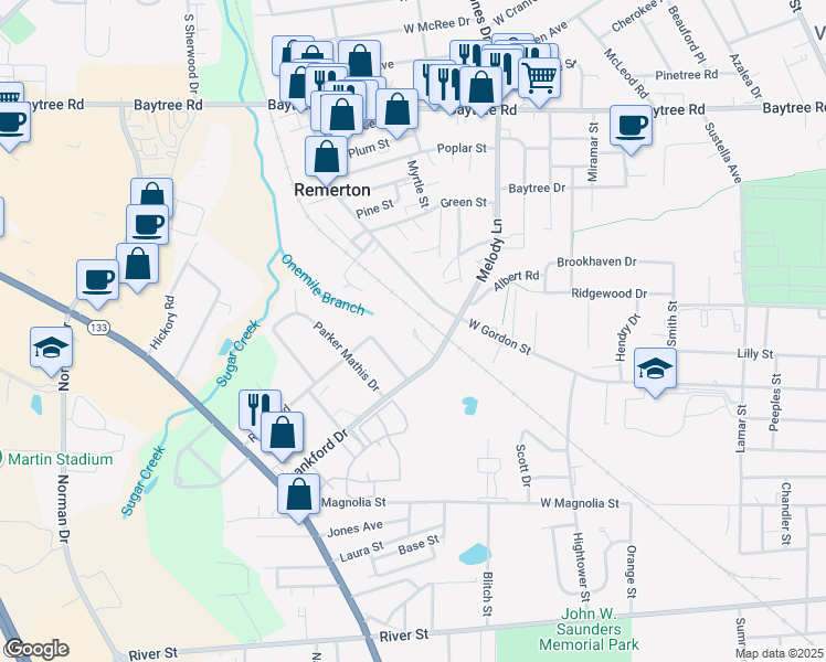 map of restaurants, bars, coffee shops, grocery stores, and more near 102 Lankford-108 Circle in Valdosta