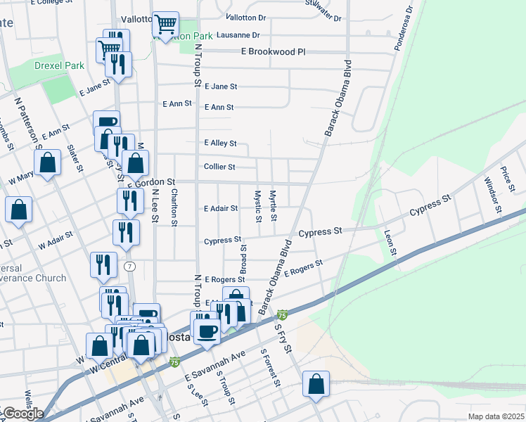 map of restaurants, bars, coffee shops, grocery stores, and more near 802 Myrtle Street in Valdosta
