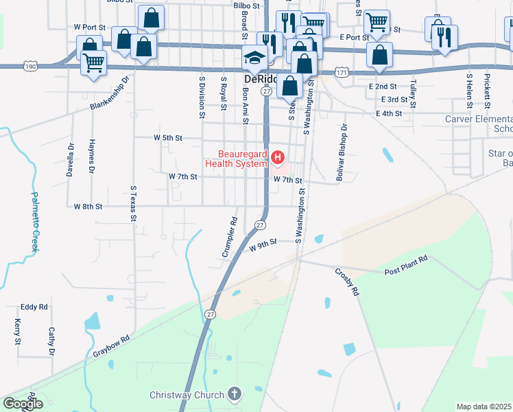map of restaurants, bars, coffee shops, grocery stores, and more near 799 South Manx Alley in DeRidder