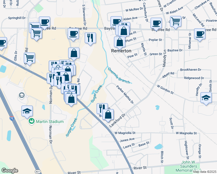 map of restaurants, bars, coffee shops, grocery stores, and more near 603 Lynn Terrace in Valdosta