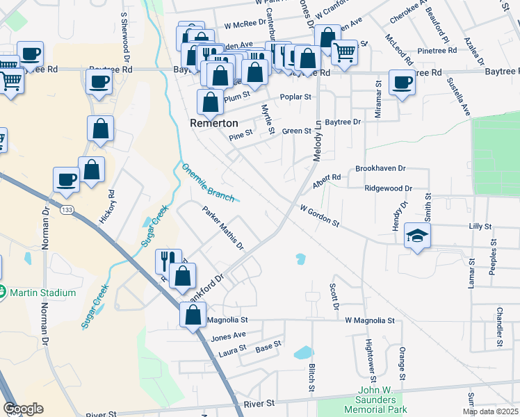 map of restaurants, bars, coffee shops, grocery stores, and more near 102 Lankford-108 Circle in Valdosta