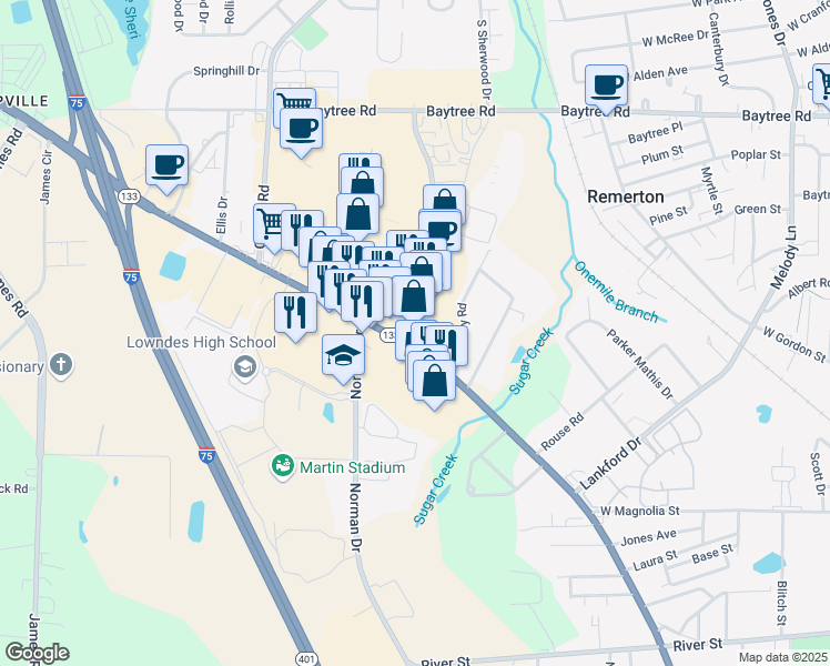 map of restaurants, bars, coffee shops, grocery stores, and more near 1703 Norman Drive in Valdosta