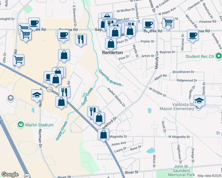 map of restaurants, bars, coffee shops, grocery stores, and more near 607 Parker Mathis Drive in Valdosta