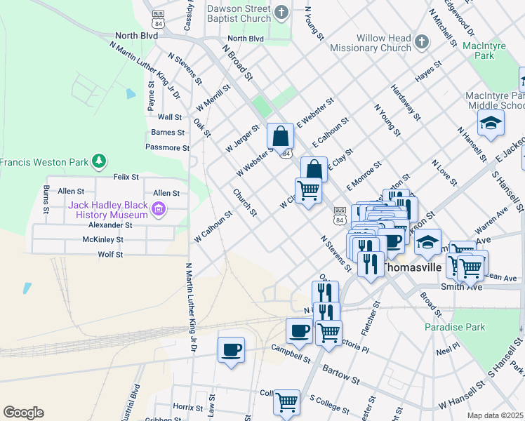 map of restaurants, bars, coffee shops, grocery stores, and more near 511 Oak Street in Thomasville