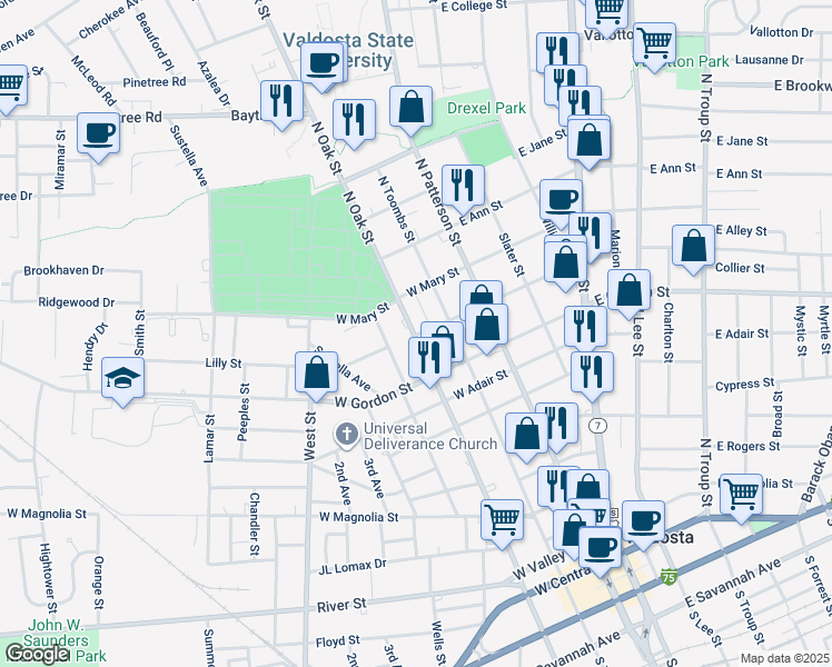 map of restaurants, bars, coffee shops, grocery stores, and more near 204 West Force Street in Valdosta