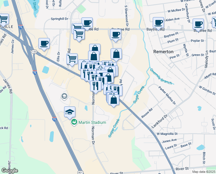 map of restaurants, bars, coffee shops, grocery stores, and more near 1173 Saint Augustine Road in Valdosta