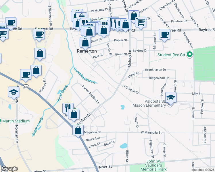 map of restaurants, bars, coffee shops, grocery stores, and more near 102 Lankford-108 Circle in Valdosta