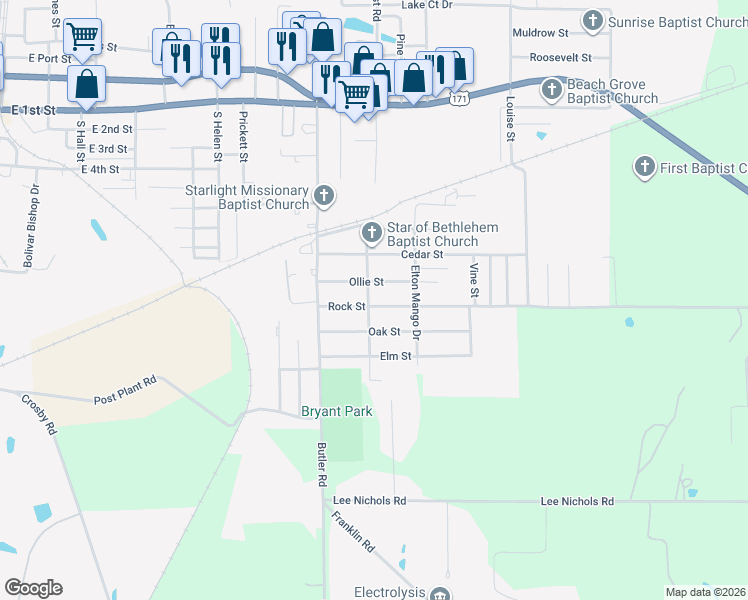 map of restaurants, bars, coffee shops, grocery stores, and more near 600-698 Woodrow W Batties Drive in DeRidder
