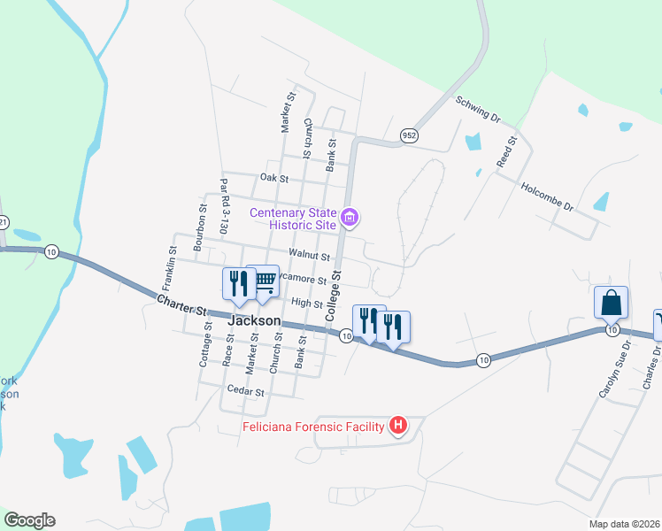 map of restaurants, bars, coffee shops, grocery stores, and more near 3522 College Street in Jackson