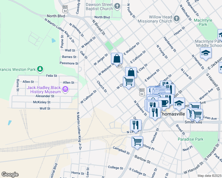 map of restaurants, bars, coffee shops, grocery stores, and more near 511 Oak Street in Thomasville