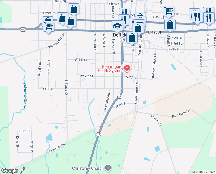 map of restaurants, bars, coffee shops, grocery stores, and more near 495 West 8th Street in DeRidder