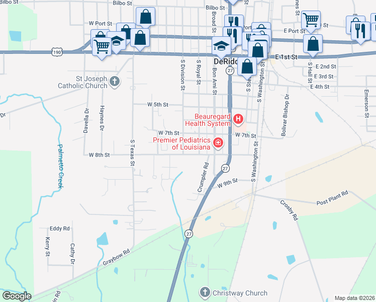 map of restaurants, bars, coffee shops, grocery stores, and more near 716 South Division Street in DeRidder