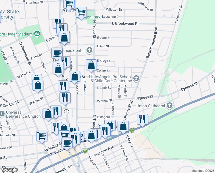 map of restaurants, bars, coffee shops, grocery stores, and more near 600 East Adair Street in Valdosta