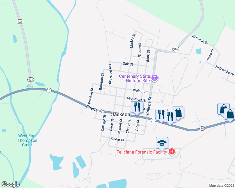 map of restaurants, bars, coffee shops, grocery stores, and more near 1415 Sycamore Street in Jackson