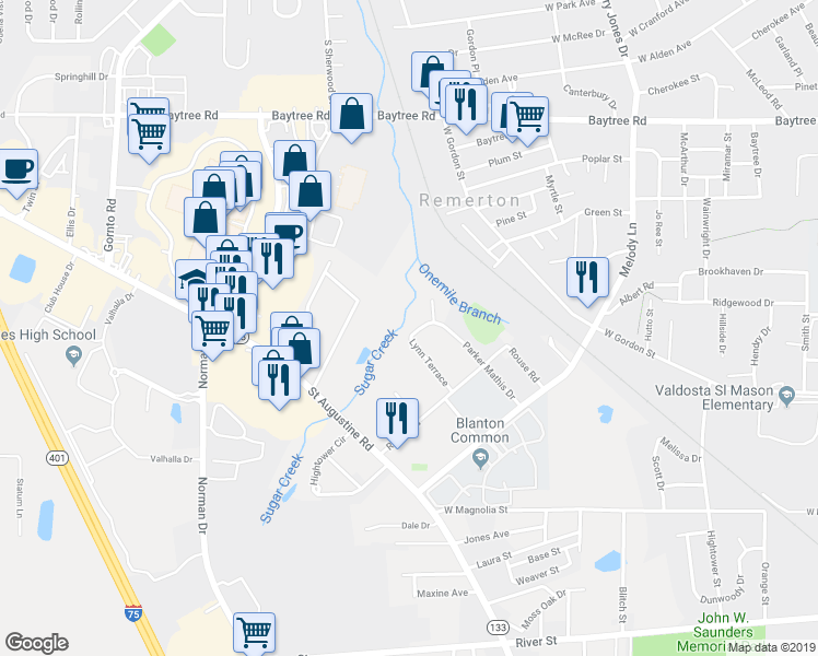 map of restaurants, bars, coffee shops, grocery stores, and more near 1408 Parker Mathis Drive in Valdosta