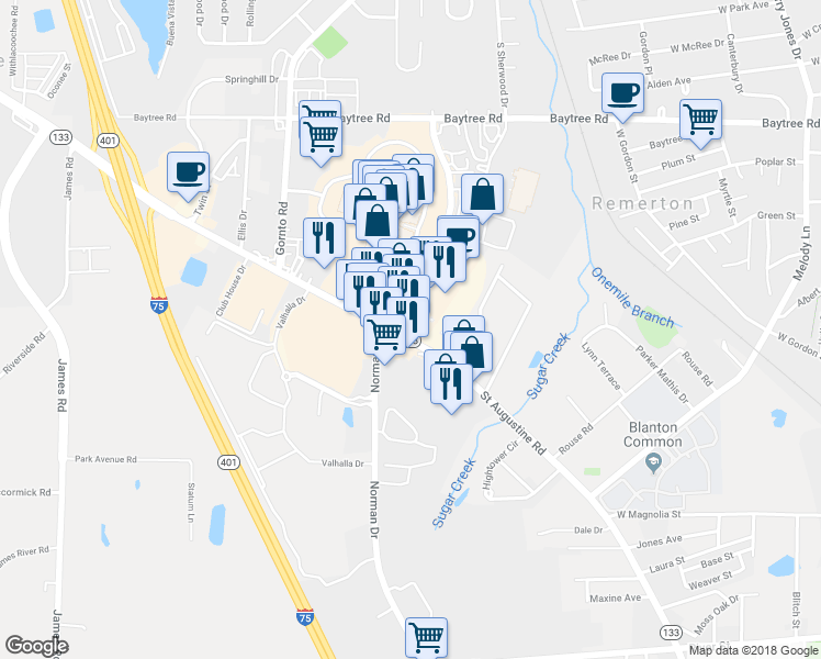 map of restaurants, bars, coffee shops, grocery stores, and more near 1173 Saint Augustine Road in Valdosta