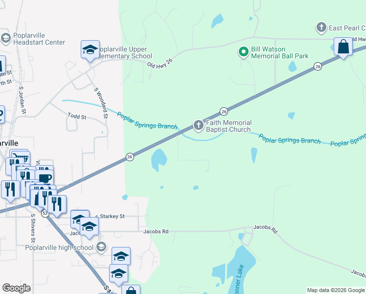 map of restaurants, bars, coffee shops, grocery stores, and more near 9 Saw Road in Poplarville