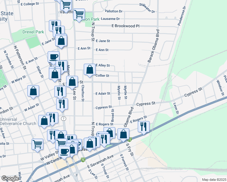 map of restaurants, bars, coffee shops, grocery stores, and more near 702 East Adair Street in Valdosta