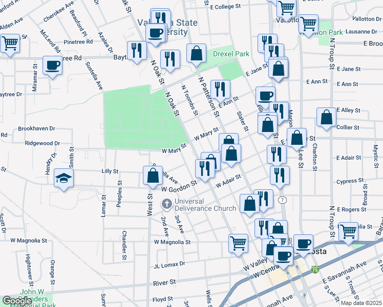 map of restaurants, bars, coffee shops, grocery stores, and more near 1014 North Oak Street in Valdosta