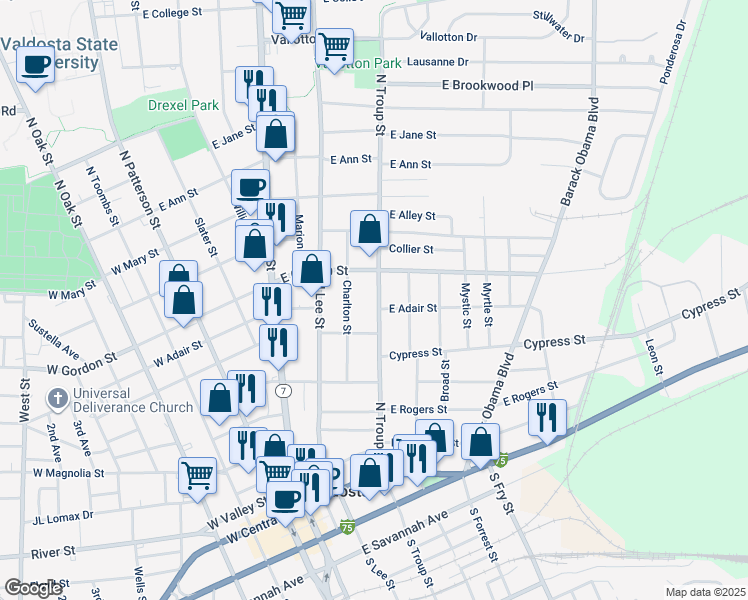 map of restaurants, bars, coffee shops, grocery stores, and more near 712 North Troup Street in Valdosta