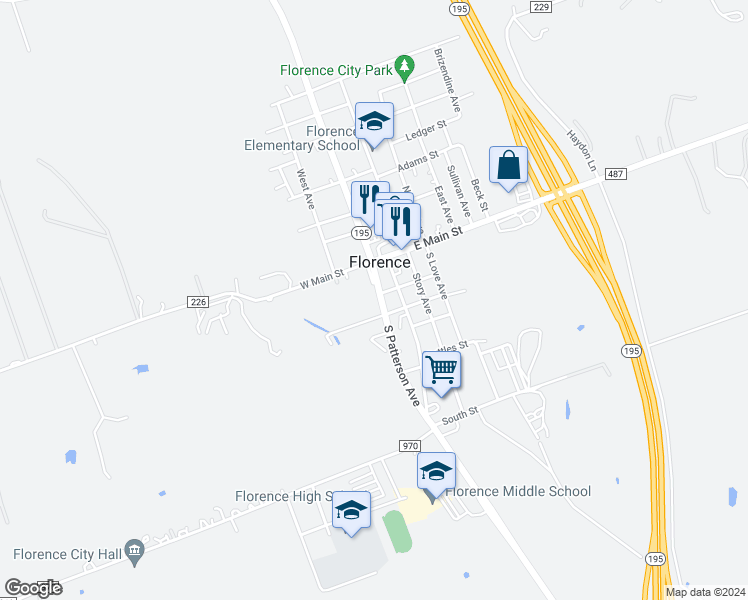 map of restaurants, bars, coffee shops, grocery stores, and more near 200 South Patterson Avenue in Florence