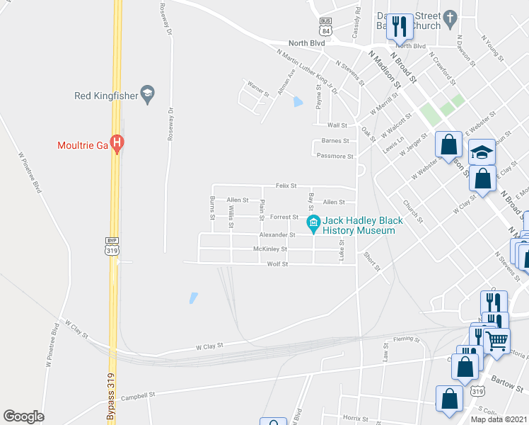 map of restaurants, bars, coffee shops, grocery stores, and more near 238 Forrest Street in Thomasville