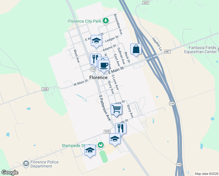 map of restaurants, bars, coffee shops, grocery stores, and more near 203 East Curry Street in Florence