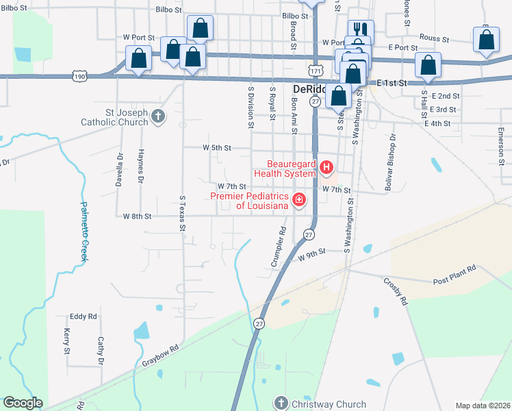 map of restaurants, bars, coffee shops, grocery stores, and more near 716 South Division Street in DeRidder