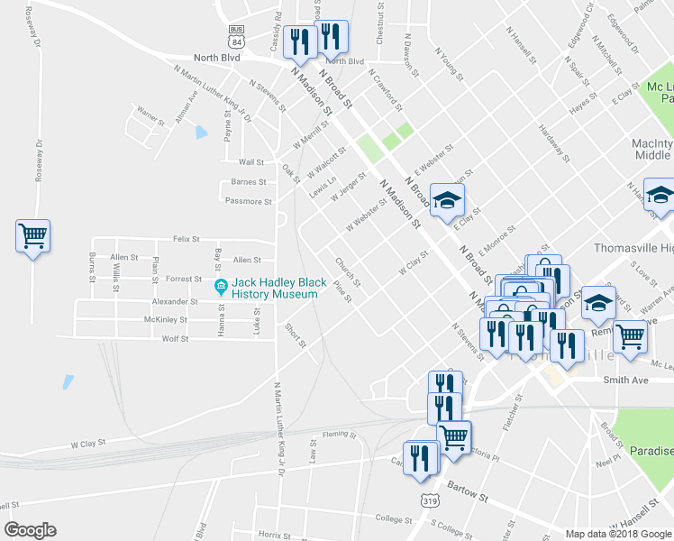 map of restaurants, bars, coffee shops, grocery stores, and more near 205 Church Street in Thomasville