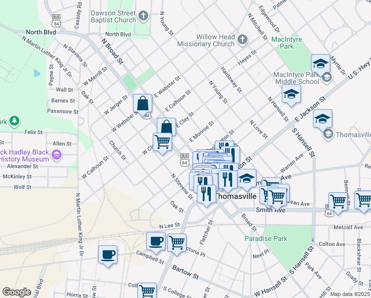 map of restaurants, bars, coffee shops, grocery stores, and more near 329 North Broad Street in Thomasville